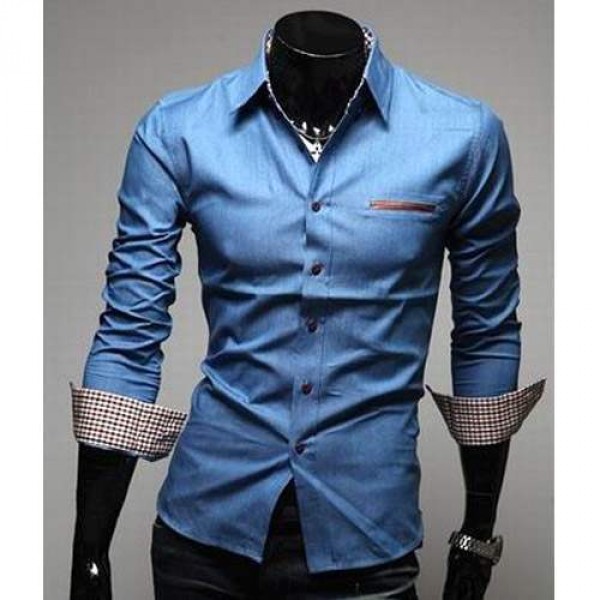 Chemise Homme Fashion Denim style design Slim fit classe Jean bleu clair